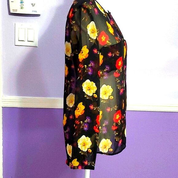 Zara Trafaluc Black Colorful Floral Print Sheer Long Sleeve Dressy Shirt - Picture 4 of 9